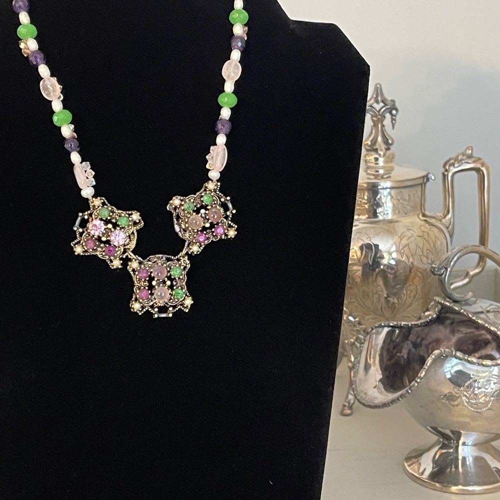 Triple pendant necklace with green, lavender and purple cabochon amethyst stones